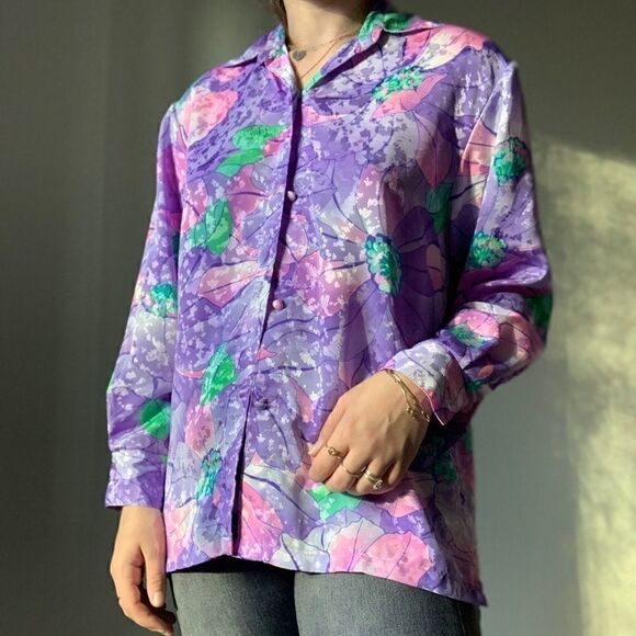 Vintage 80’s Women’s Purple Pink Satin Floral Oversized Button Down Blouse M - Picture 1 of 7